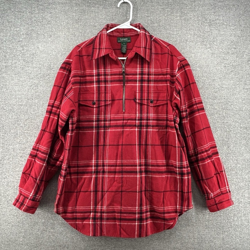 Lauren Ralph Lauren 1/2 Zip Pullover Flannel Women Large Red Plaid Long Sleeve